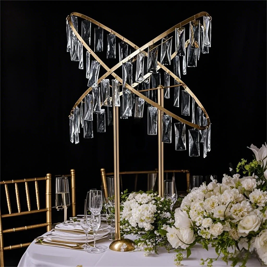 Elegant table setting with gold chairs and a centerpiece of white flowers. Above, a gold stand with crystal pendants hangs decoratively. White tablecloth with arranged cutlery and glasses.