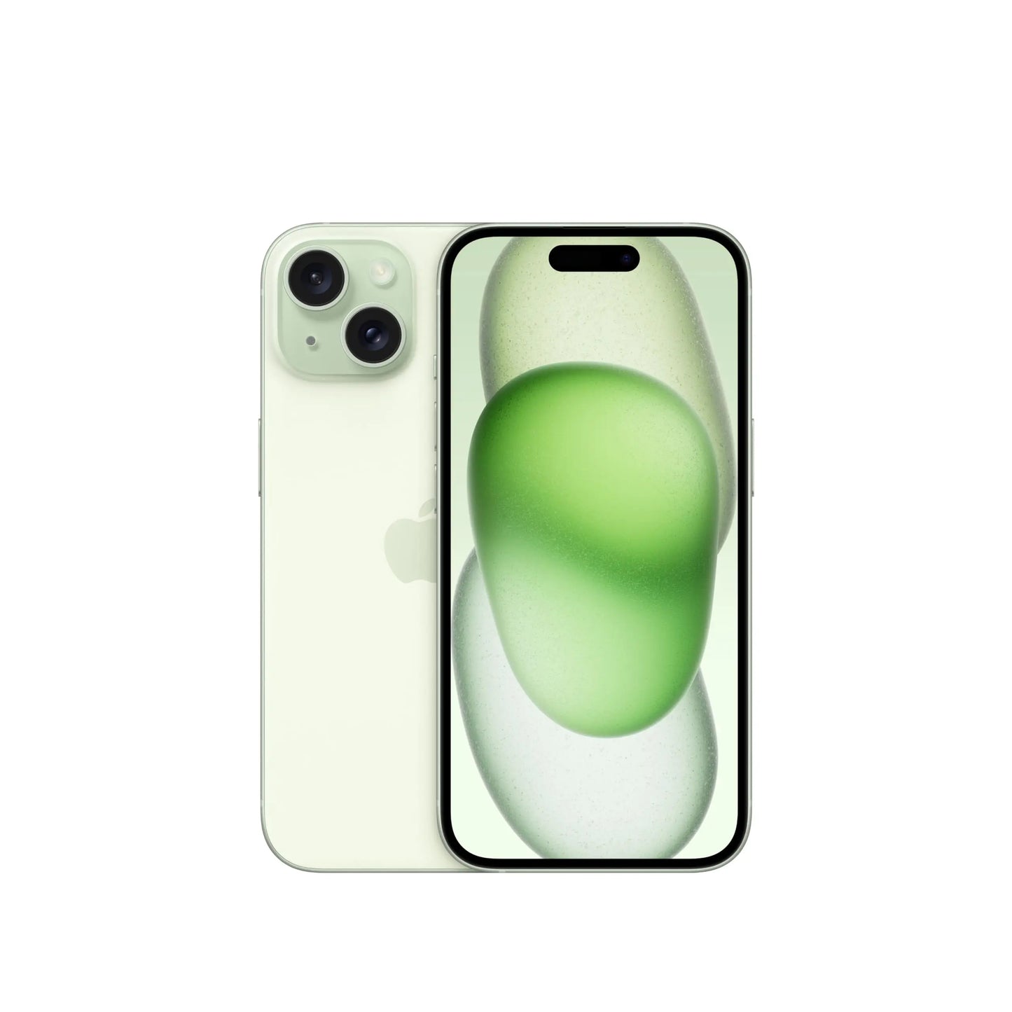 Front and back view of a light green smartphone with a dual camera setup. The screen displays a graphic with overlapping green ovals.