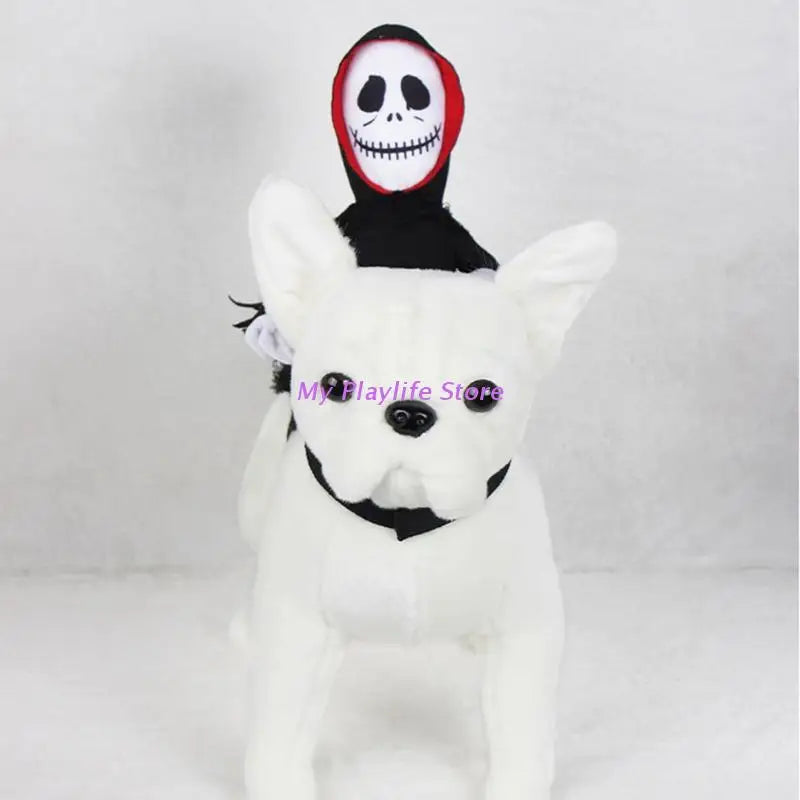 A plush white dog is dressed in a black harness with a skeleton figure riding on its back. The skeleton wears a black and red hood.