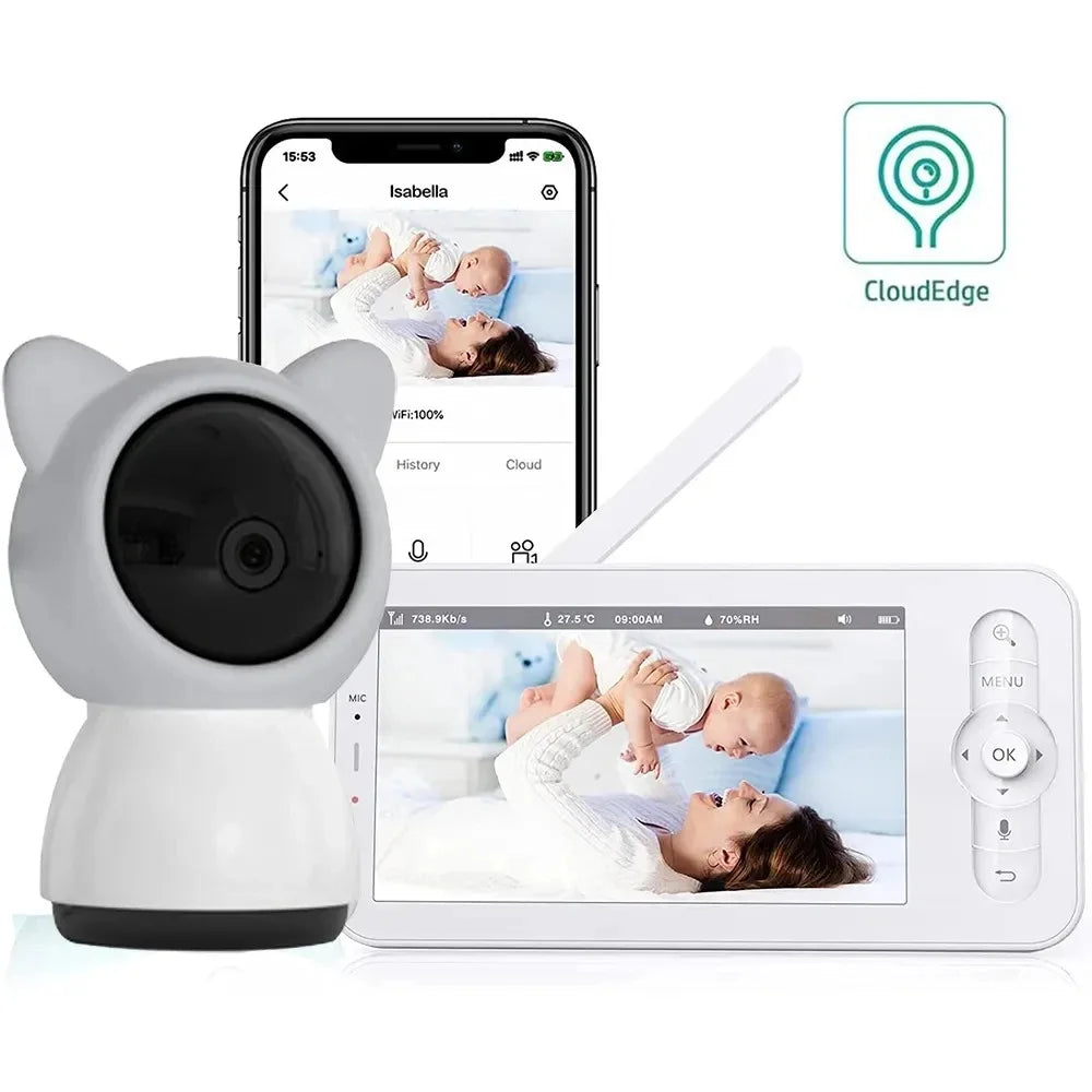 White bear-shaped baby monitor with camera, smartphone displaying the CloudEdge app, and a monitor showing a mother playing with her baby.
