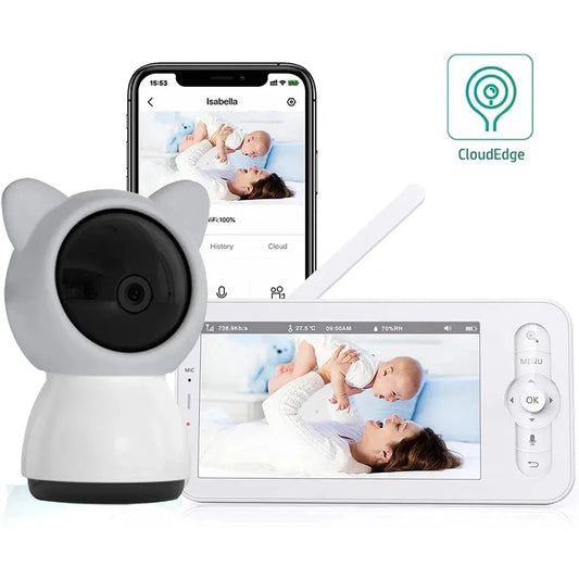 White bear-shaped baby monitor with camera, smartphone displaying the CloudEdge app, and a monitor showing a mother playing with her baby.