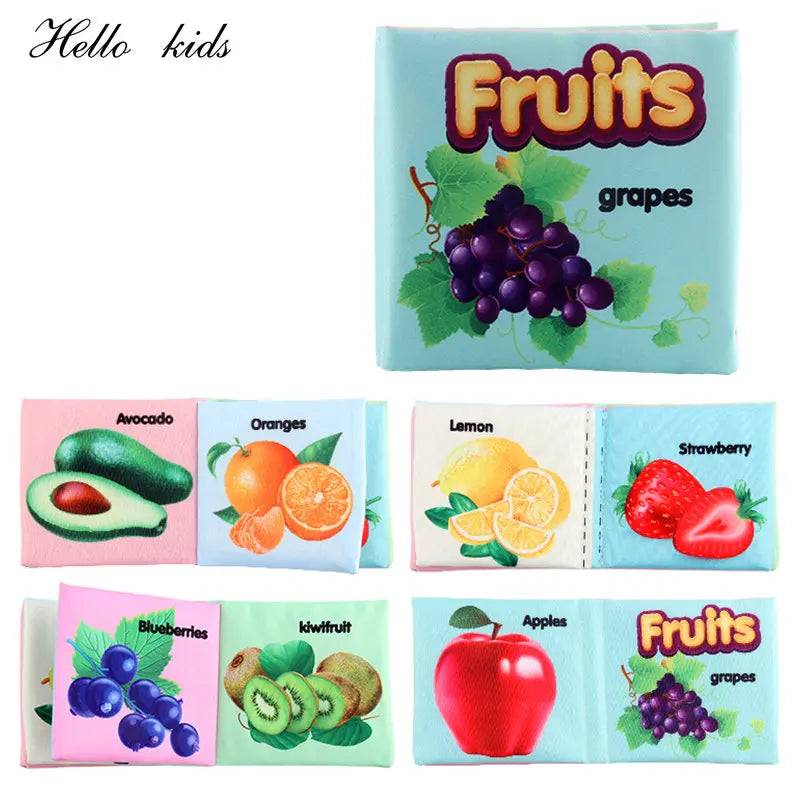 Children’s educational cloth book titled "Fruits," featuring illustrated fruits like grapes, avocado, oranges, lemon, strawberry, blueberries, kiwifruit, and apples.