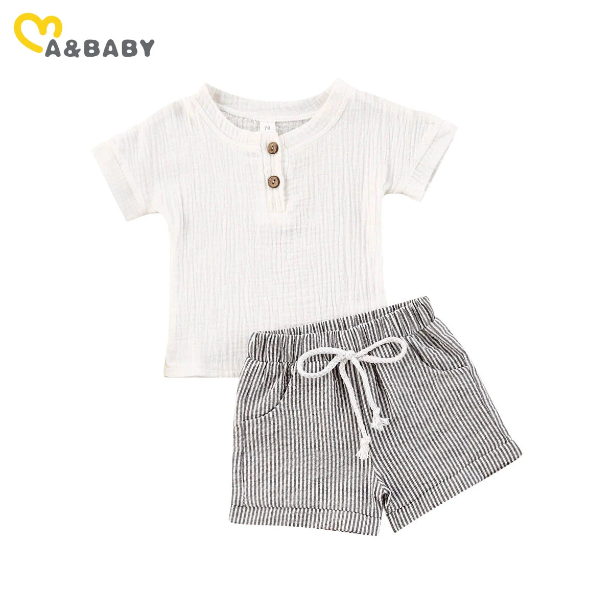 White short-sleeve henley shirt with brown buttons paired with gray striped shorts featuring a drawstring waist and pockets on a plain white background.