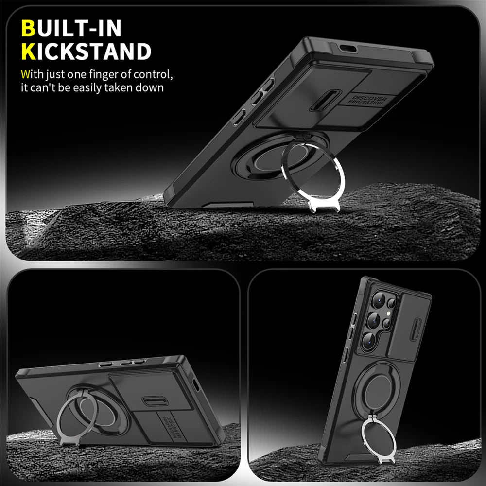 A black smartphone case with a built-in circular kickstand is showcased in different positions. The text highlights its stability and ease of use with one finger.
