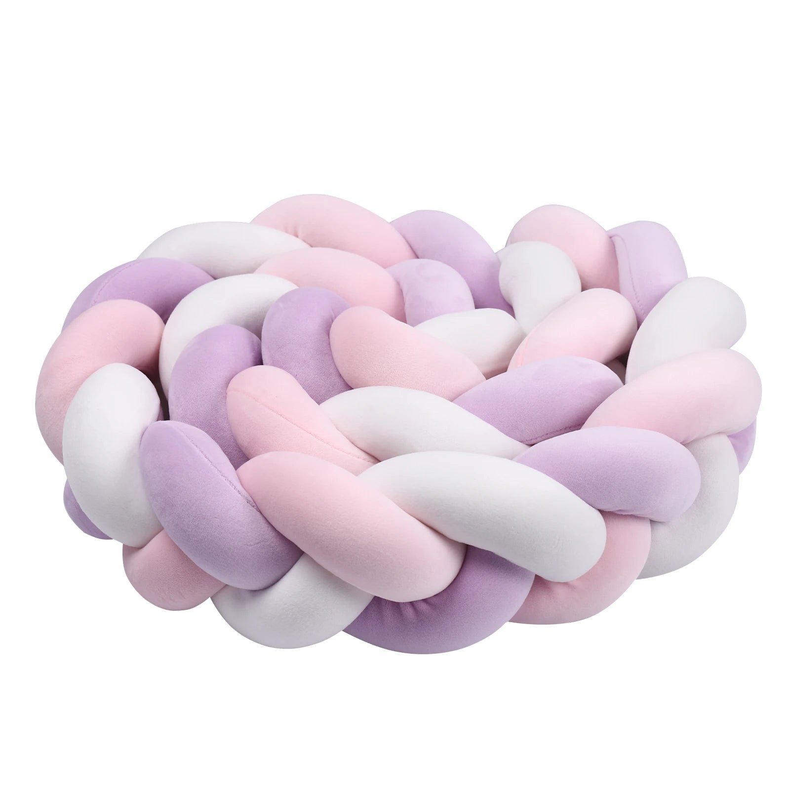 Soft, braided cushion in pastel pink, purple, and white. The plush, intertwined design creates a cozy and inviting texture, ideal for decorative or practical use.