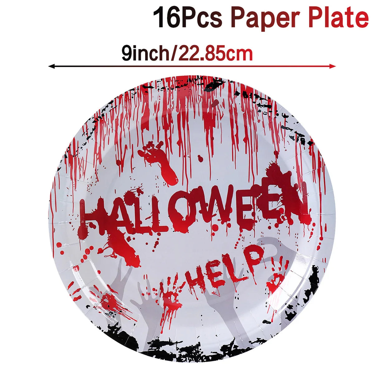 Round Halloween-themed paper plate with red paint splatters, black handprints, and the words "HALLOWEEN" and "HELP" in red. Plate measures 9 inches in diameter.