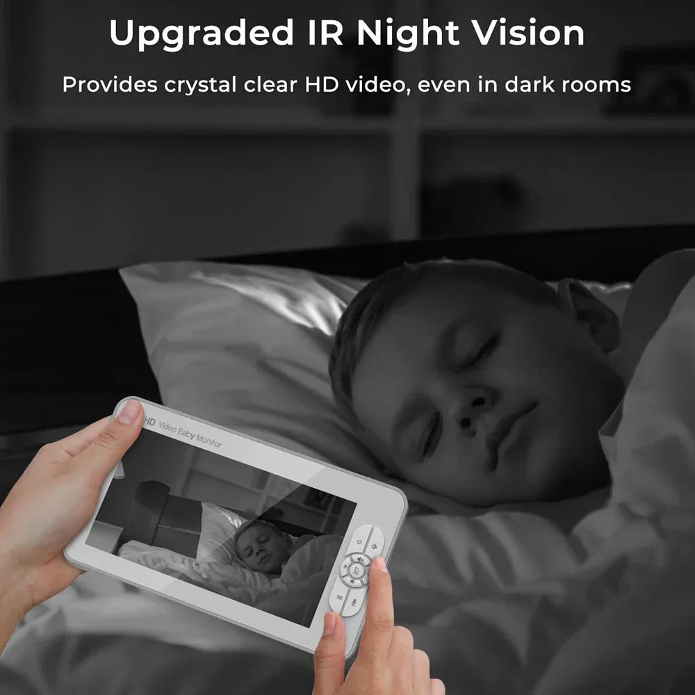 Child sleeping peacefully in a bed. A hand holds a video baby monitor displaying a live IR night vision feed of the child. Text above reads: "Upgraded IR Night Vision" and "Provides crystal clear HD video, even in dark rooms."