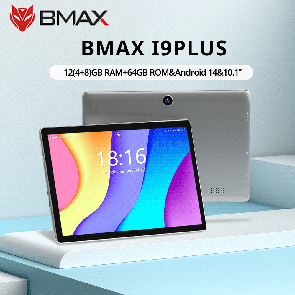 BMAX I9Plus tablet with vibrant display, 12GB RAM, 64GB ROM, and Android 14, featuring a 10.1-inch screen. The device is shown from both front and back angles.