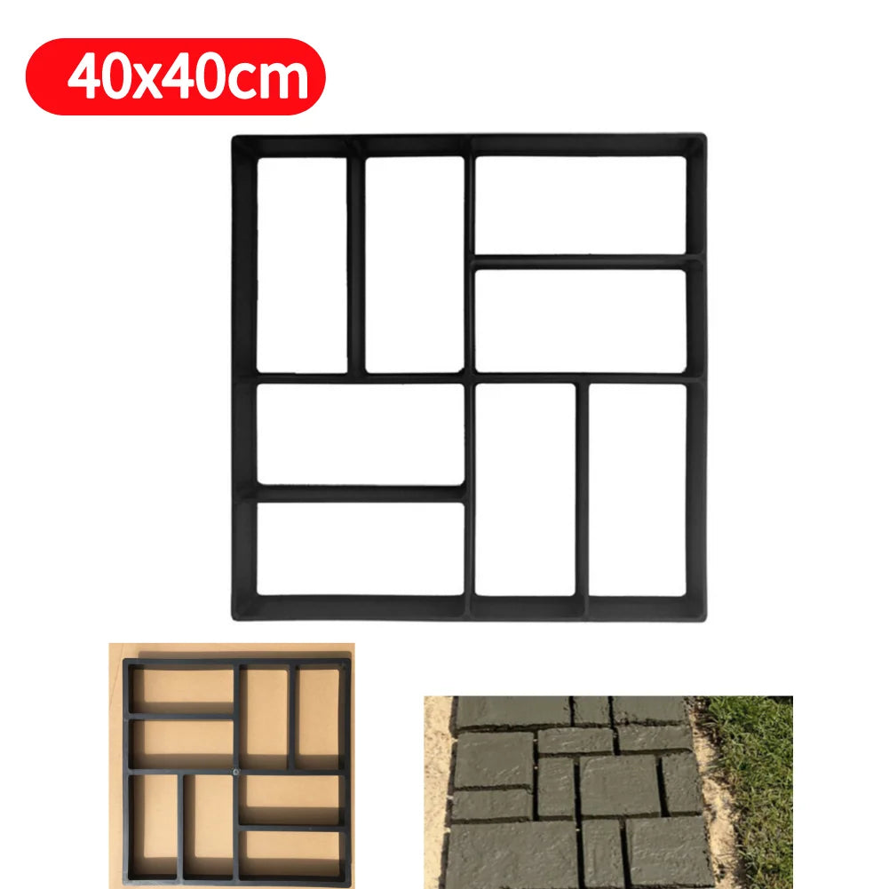 Black 40x40cm paving mold with geometric pattern for creating stone paths. Includes two smaller images showing the mold in use and a finished textured stone path.