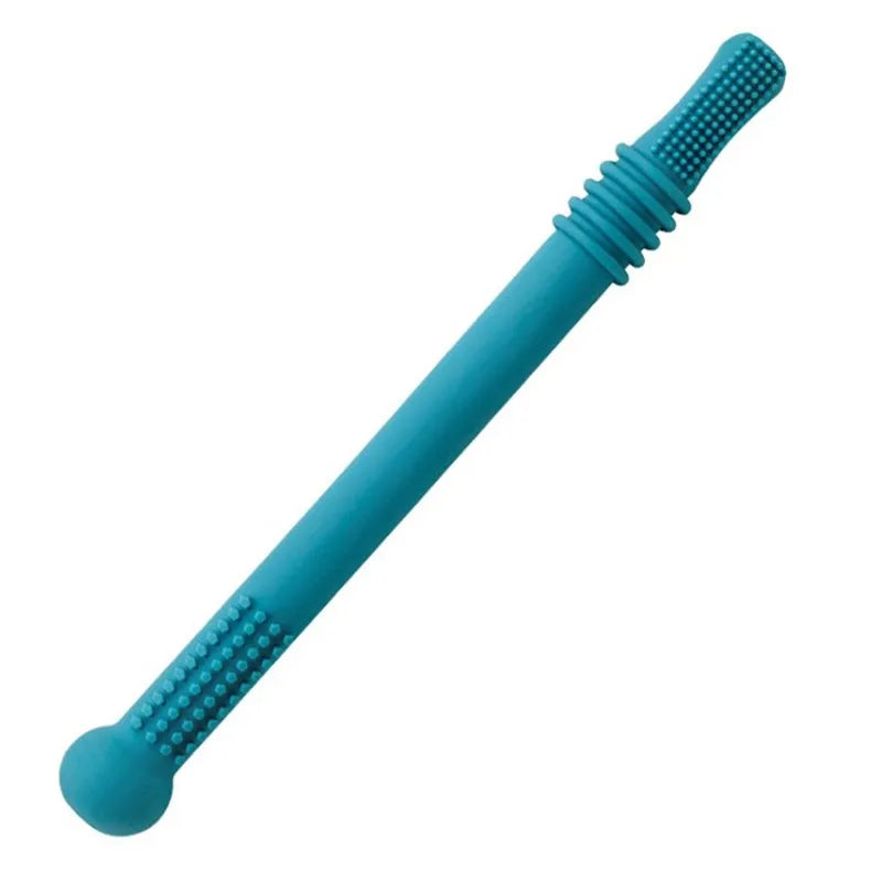 A teal silicone pencil with textured ends and a rounded tip, designed for sensory or chewing purposes. One end is ribbed and the other end features a bulbous shape.