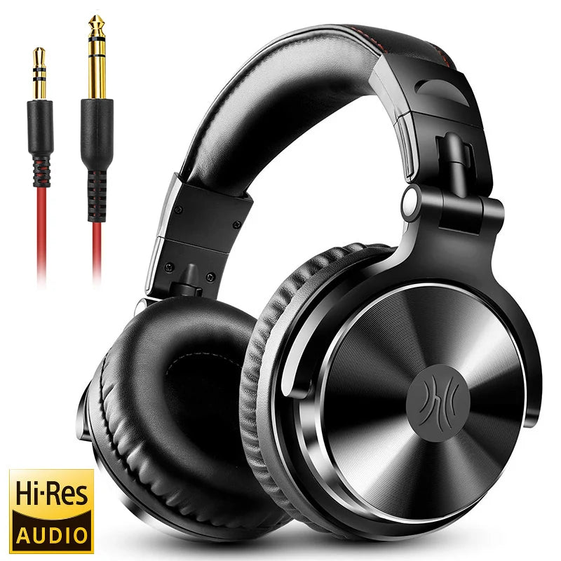 Black over-ear headphones with cushioned ear pads and adjustable headband, accompanied by two audio cables, one 3.5mm and one 6.35mm. Hi-Res Audio logo displayed.