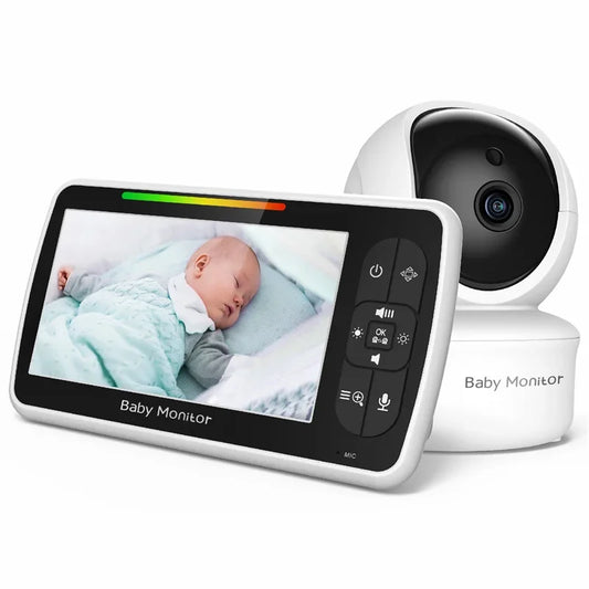 Digital baby monitor with a camera and a handheld screen displaying a sleeping baby. The screen features control buttons and a colored signal indicator bar.