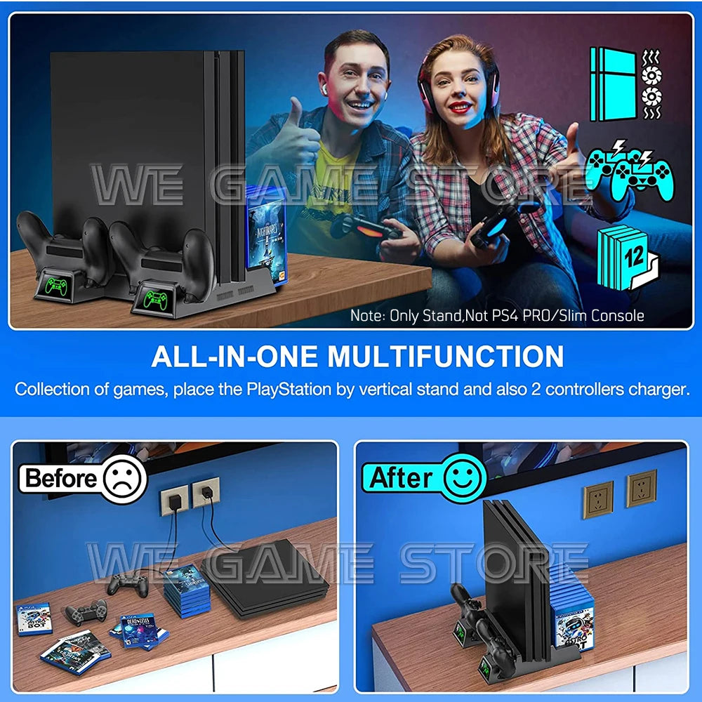 Gaming setup with a vertical stand for PlayStation and two controller chargers. Before and after images show organized gaming area improvement. Text highlights multifunctionality.