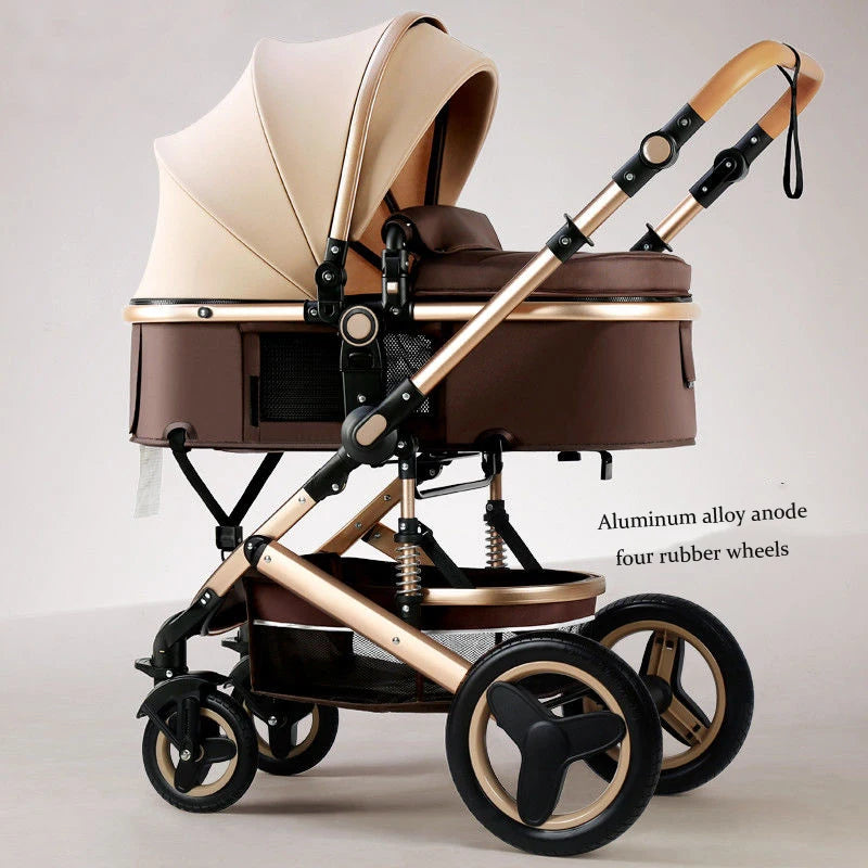 Modern beige and brown baby stroller with aluminum alloy frame and four rubber wheels, featuring an adjustable canopy and handle.