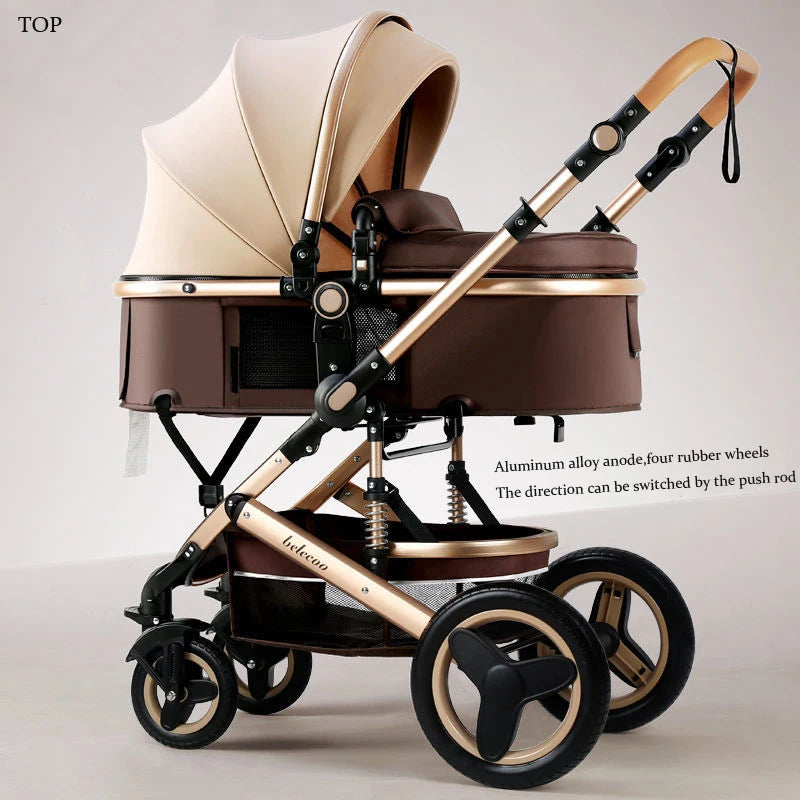 A beige and brown baby stroller with a canopy, featuring an aluminum alloy frame, four rubber wheels, and an adjustable push handle for direction changes.