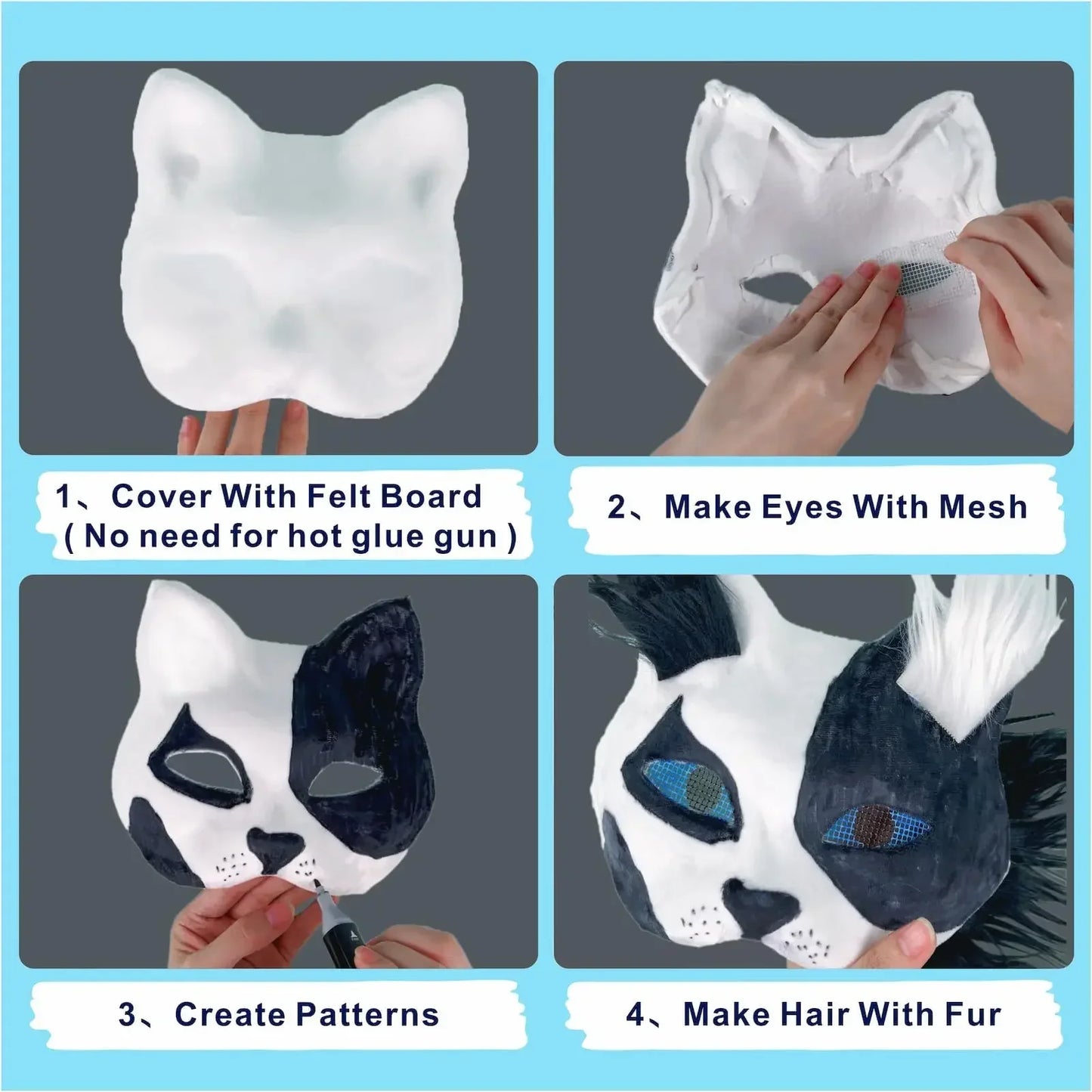 "Step-by-step mask creation: 1. Cover with felt board, 2. Add mesh eyes, 3. Paint patterns, 4. Attach fur for hair. Visual guide for crafting a cat mask."