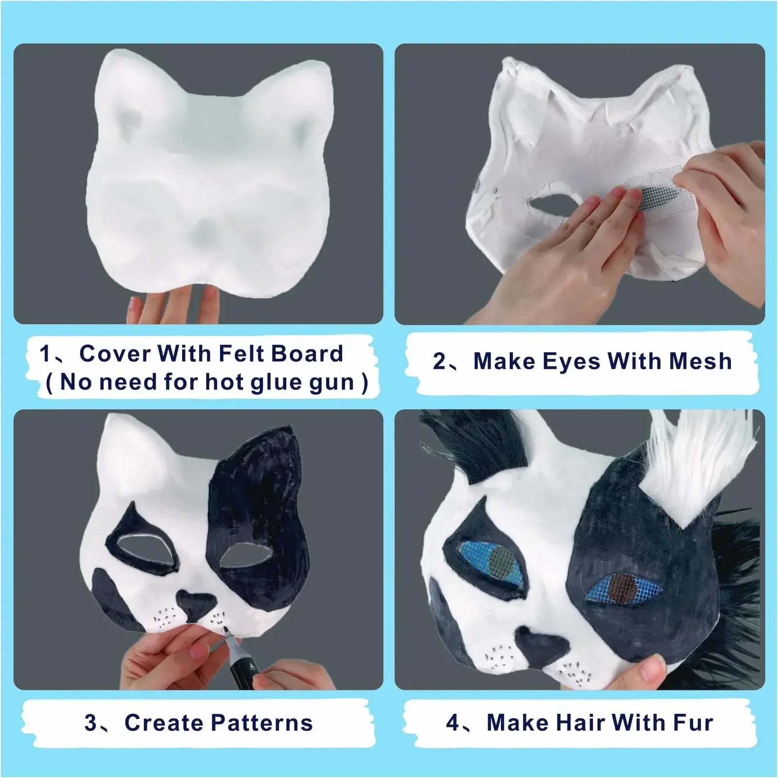"Step-by-step mask creation: 1. Cover with felt board, 2. Add mesh eyes, 3. Paint patterns, 4. Attach fur for hair. Visual guide for crafting a cat mask."