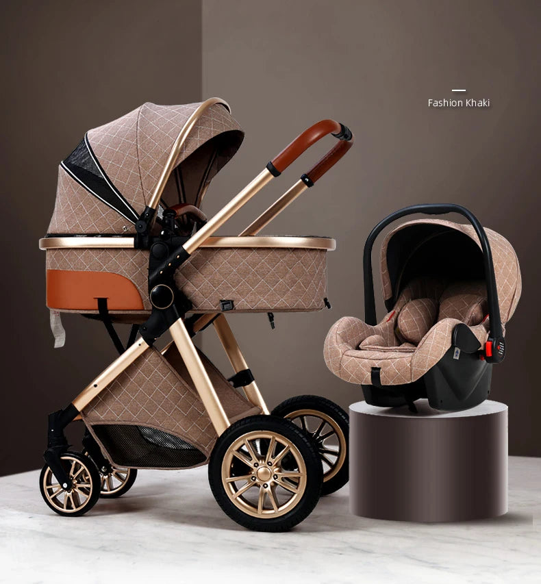 Khaki-patterned stroller and matching baby car seat on display. The stroller features a bronze frame and leather accents, while the car seat sits on a dark circular pedestal.