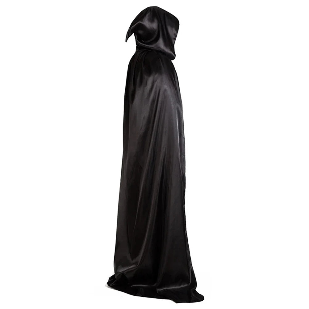 A long black satin cloak with a hood draped over an invisible figure, creating an elegant and mysterious silhouette against a plain white background.