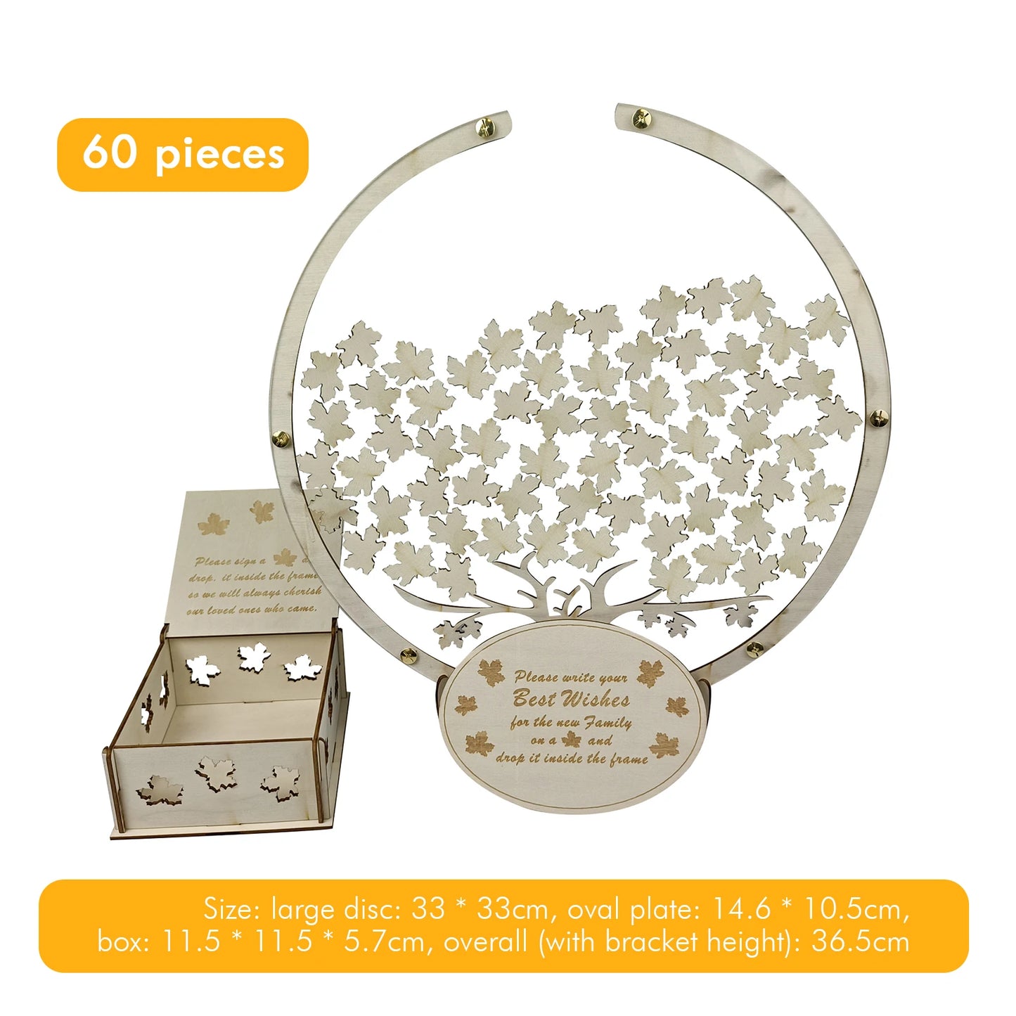 Wedding guest book alternative with 60 wooden maple leaves for messages. Includes tree frame and engraved box. Dimensions listed for frame, plate, and box.