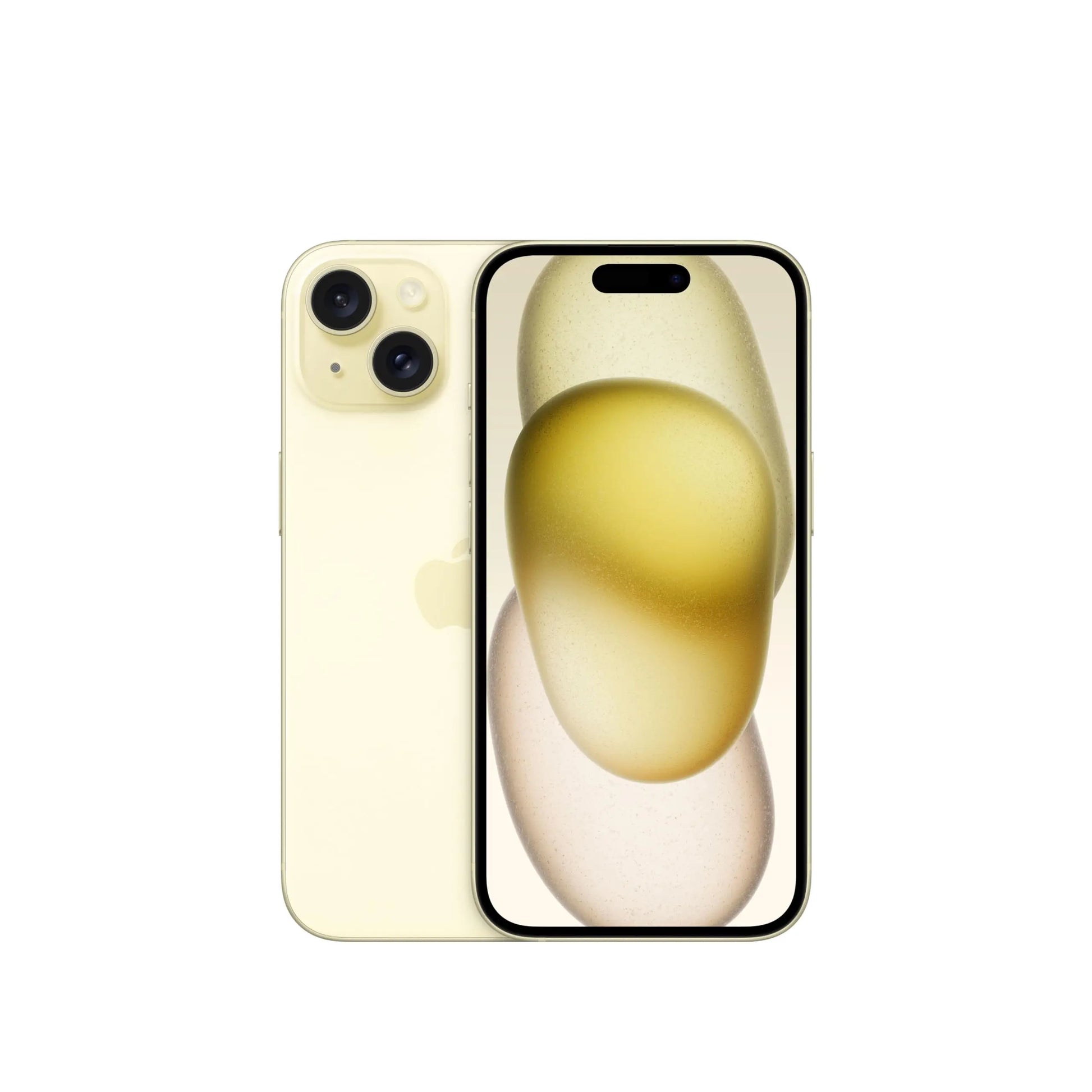 Front and back view of a yellow smartphone with a dual-camera setup. The screen displays an abstract design with yellow and gold tones.