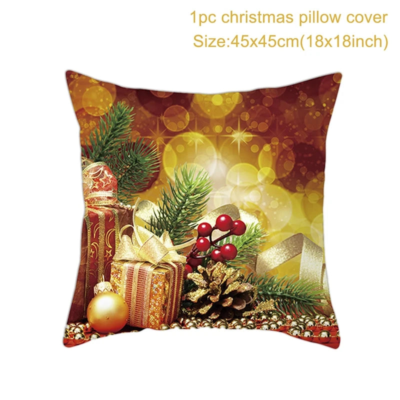 Festive Christmas pillow cover featuring gifts, pine branches, berries, and a pinecone on a gold and red bokeh background. Size: 45x45cm (18x18 inches).