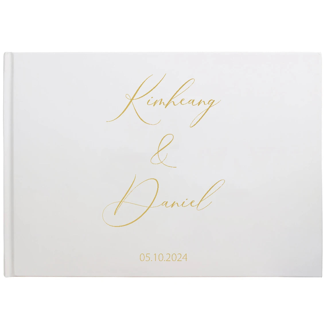 White wedding guest book with elegant gold script displaying "Kimheang & Daniel" above the date "05.10.2024".