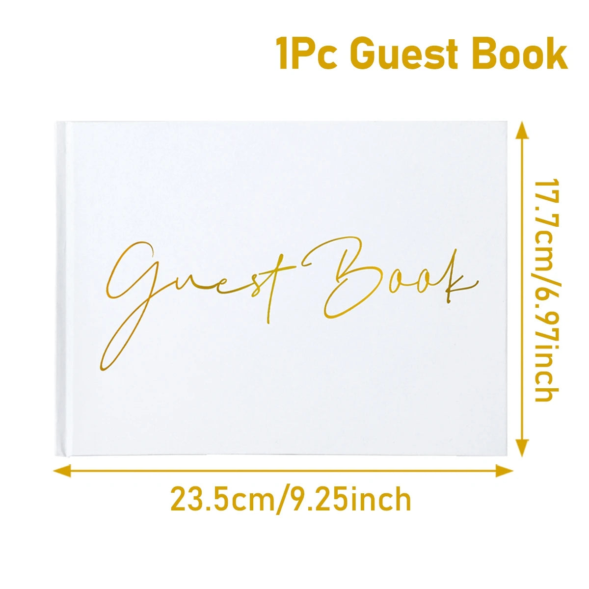 White guest book with "Guest Book" in gold script. Dimensions: 23.5cm x 17.7cm (9.25in x 6.97in). Text "1Pc Guest Book" displayed above.