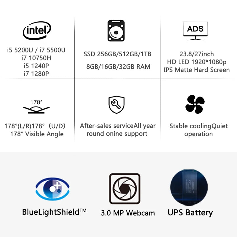 Computer specifications: Intel processors, SSD options up to 1TB, RAM options up to 32GB. Features 23.8/27 in HD screen, 178° view angle, quiet cooling, BlueLightShield, 3MP webcam.