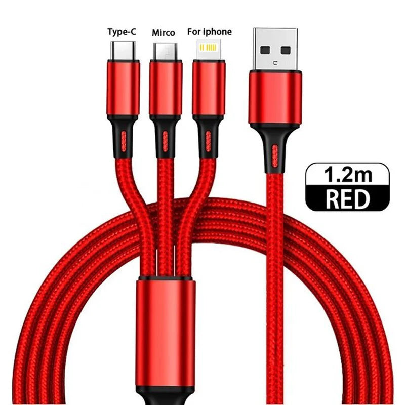 Red braided multi-device charging cable with USB, Type-C, Micro USB, and Lightning connectors, labeled for iPhone. Cable length is 1.2 meters.