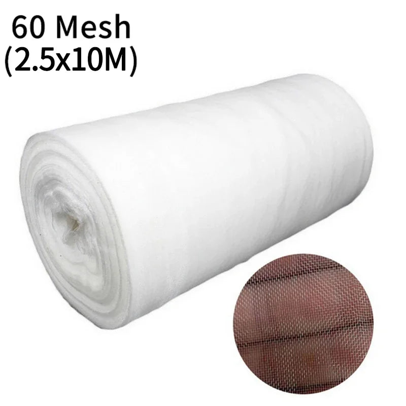 Roll of white 60 mesh fabric, size 2.5x10 meters. Inset shows close-up of mesh texture against skin, highlighting fine, grid-like pattern for filtration.