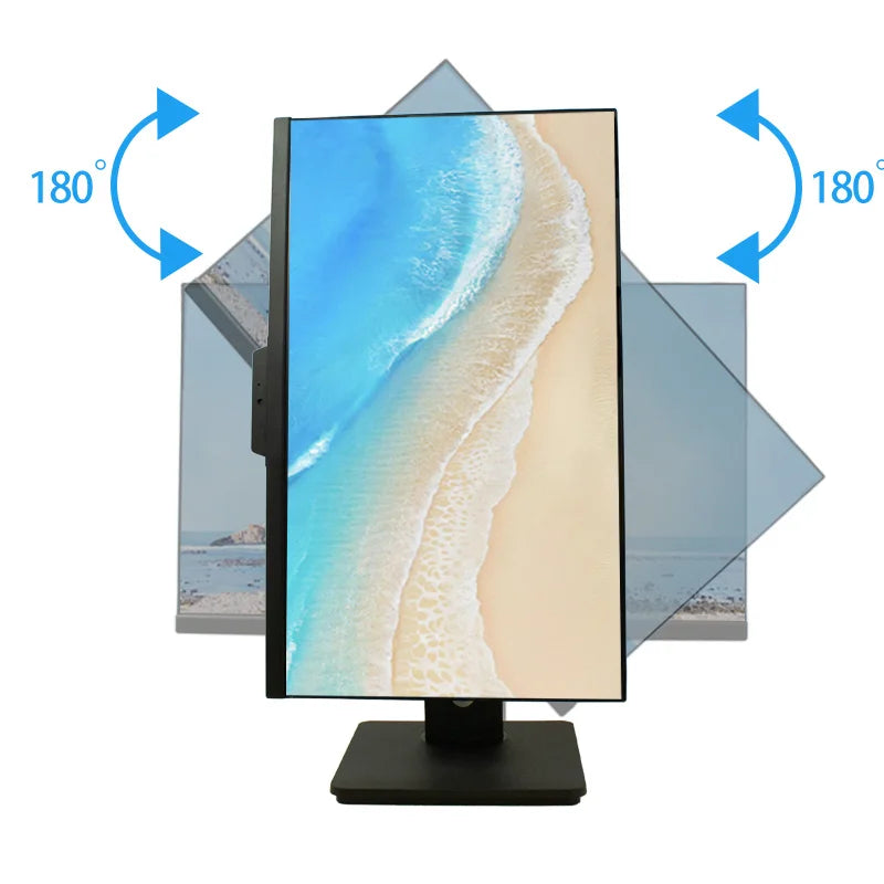 Rotating monitor showing a beach image, demonstrating a 180-degree swivel feature with blue arrows indicating rotation in both directions.