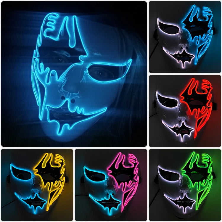 A collage of neon masks with drip patterns in various colors: blue, red, yellow, pink, and green. The central image shows a glowing blue mask worn by a person.