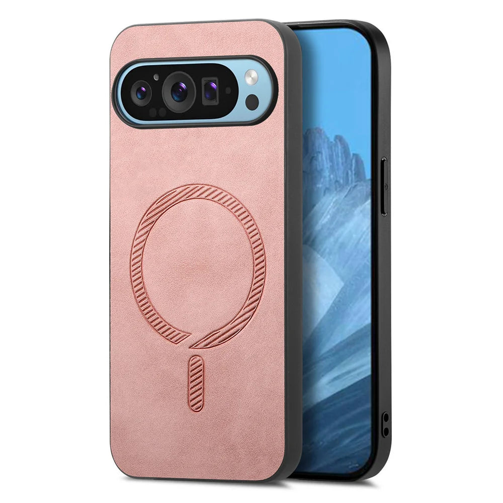 Pink smartphone case with a leather-like texture and magnetic ring design. The phone's camera module and a blue mountain-themed wallpaper are visible.