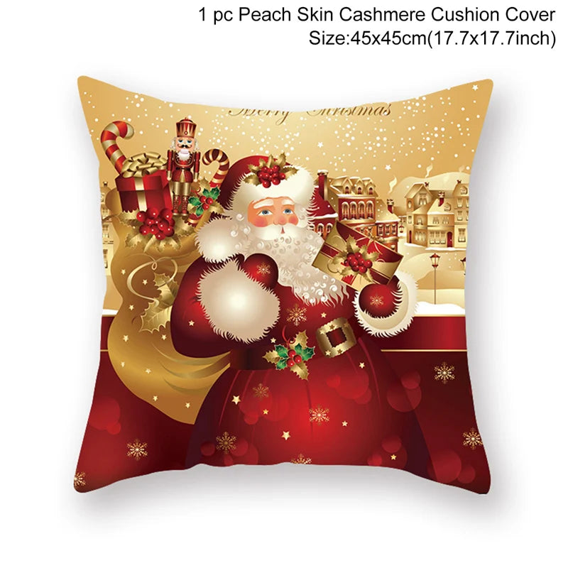 Festive cushion cover featuring Santa Claus holding gifts against a snowy village backdrop. Accented with holly, candy canes, and nutcracker. Size: 45x45cm.