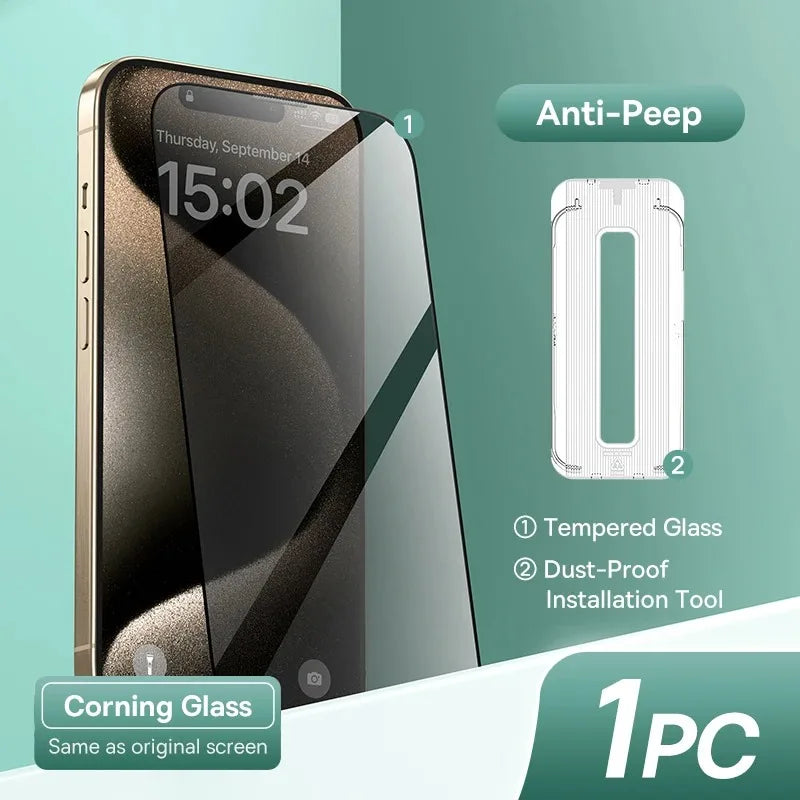 Anti-peep tempered glass screen protector on a smartphone with dust-proof installation tool. Features include Corning Glass, same as the original screen; packaging indicates "1 PC."