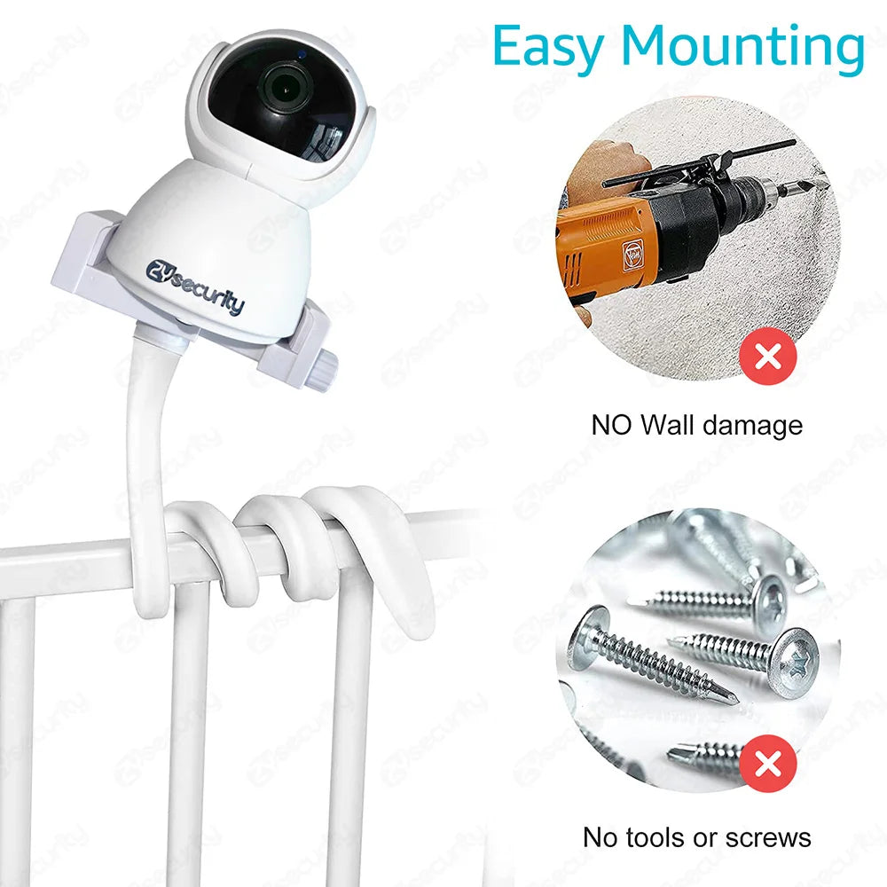 Security camera mounted on a flexible stand wrapped around a crib rail. Text reads "Easy Mounting," "No Wall damage," and "No tools or screws," with crossed-out images of a drill and screws.