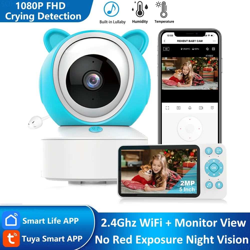 Baby monitor with a blue bear-shaped camera, smartphone interface displaying a child, and features listed: 1080P FHD, crying detection, built-in lullaby, WiFi, and night vision.