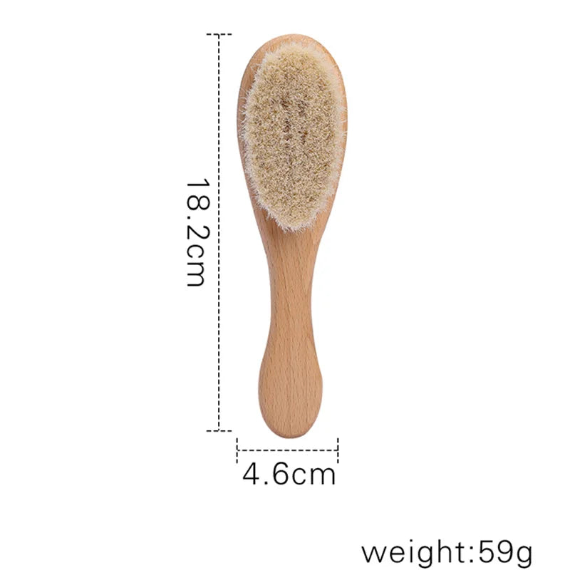 Wooden grooming brush with natural bristles, oval head, and ergonomic handle. Measures 18.2cm in length, 4.6cm in width, and weighs 59g.