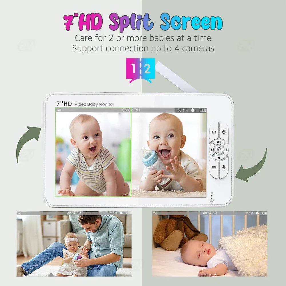 Split-screen baby monitor showing two babies, one smiling and one with a bottle. Text highlights 7" HD display, supports up to 4 cameras. Below, a baby with dad and a sleeping baby.