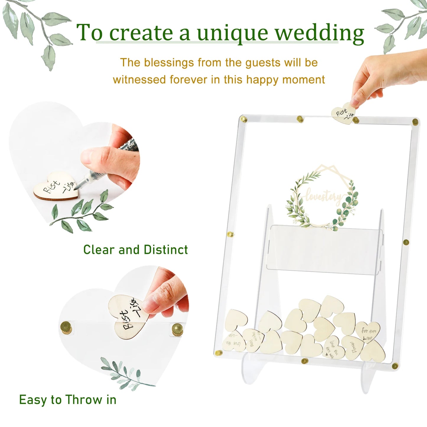 Wedding heart-shaped token drop box with "To create a unique wedding" text. Hands write on and insert tokens into a clear frame. Decorative leaves accent the design.