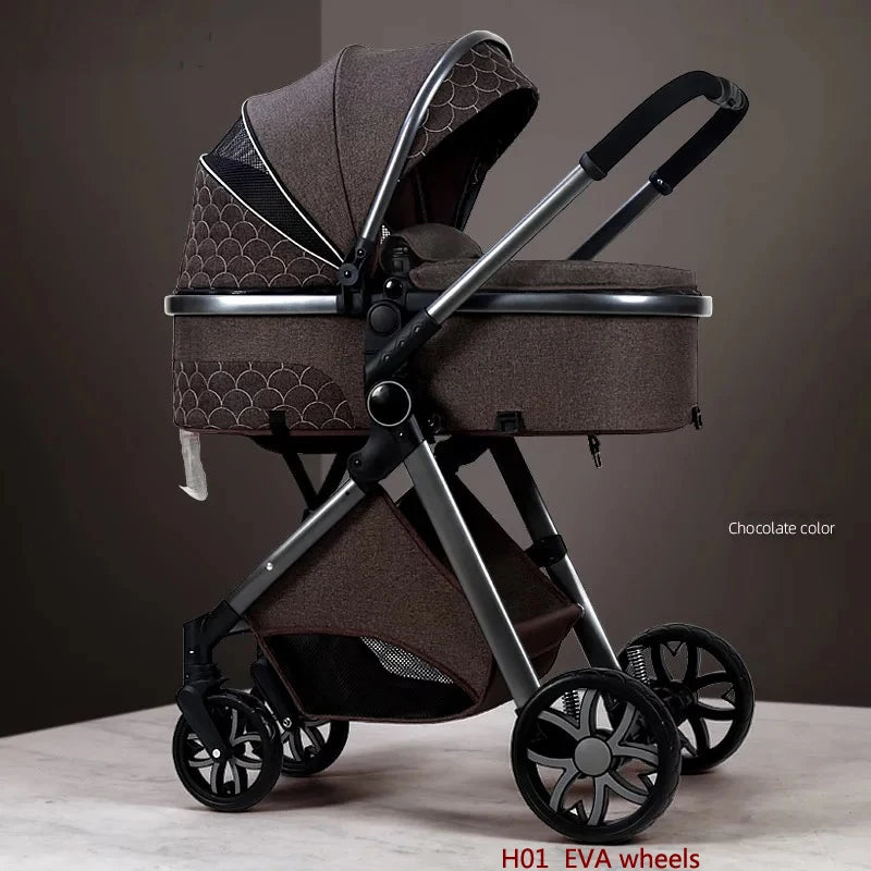 Chocolate-colored baby stroller with a stylish canopy pattern, adjustable handlebar, and H01 EVA wheels. Sturdy frame and spacious storage basket underneath on display.