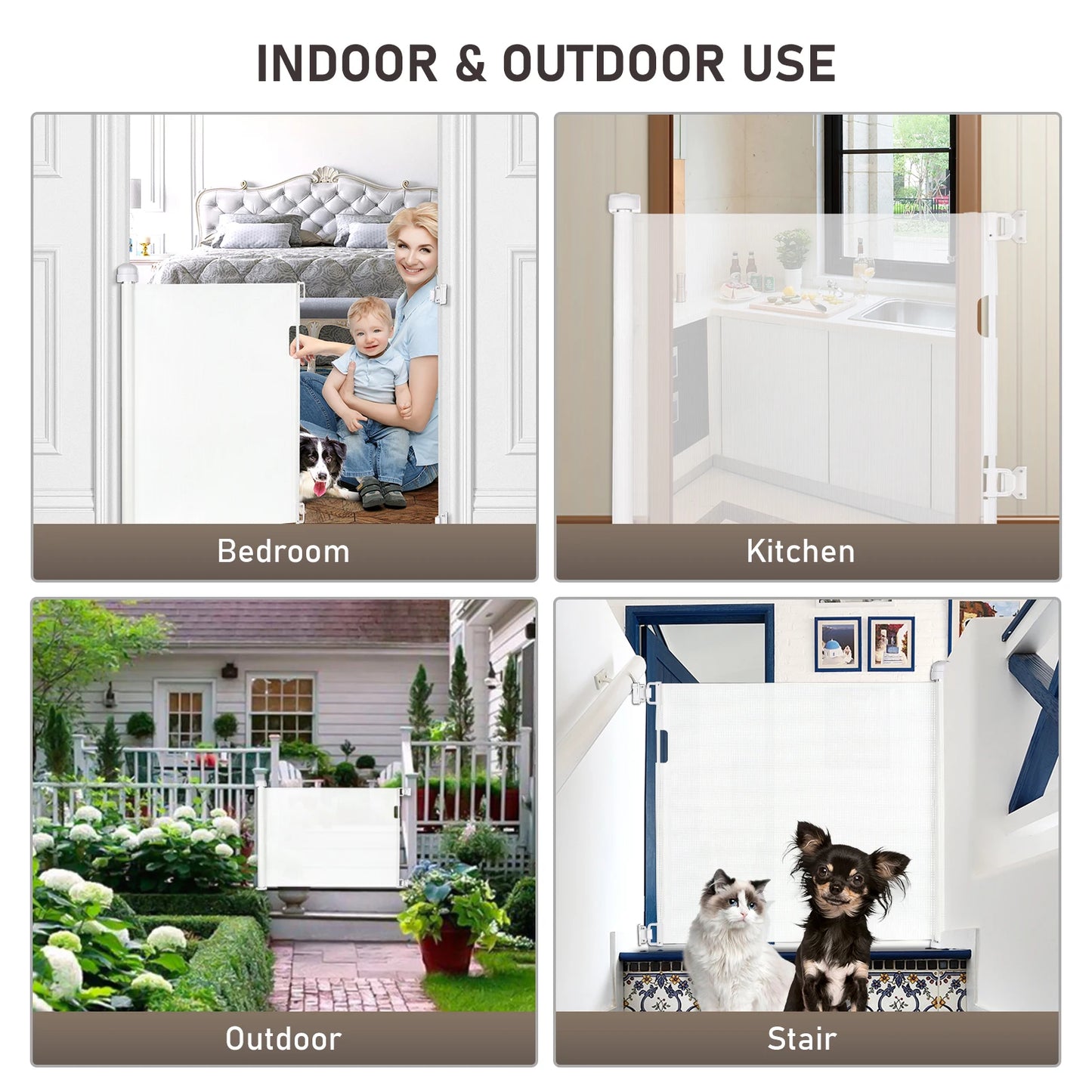 Collage showing a retractable safety gate in four locations: bedroom with a child and dog, kitchen, outdoor garden, and stairway with a cat and small dog.