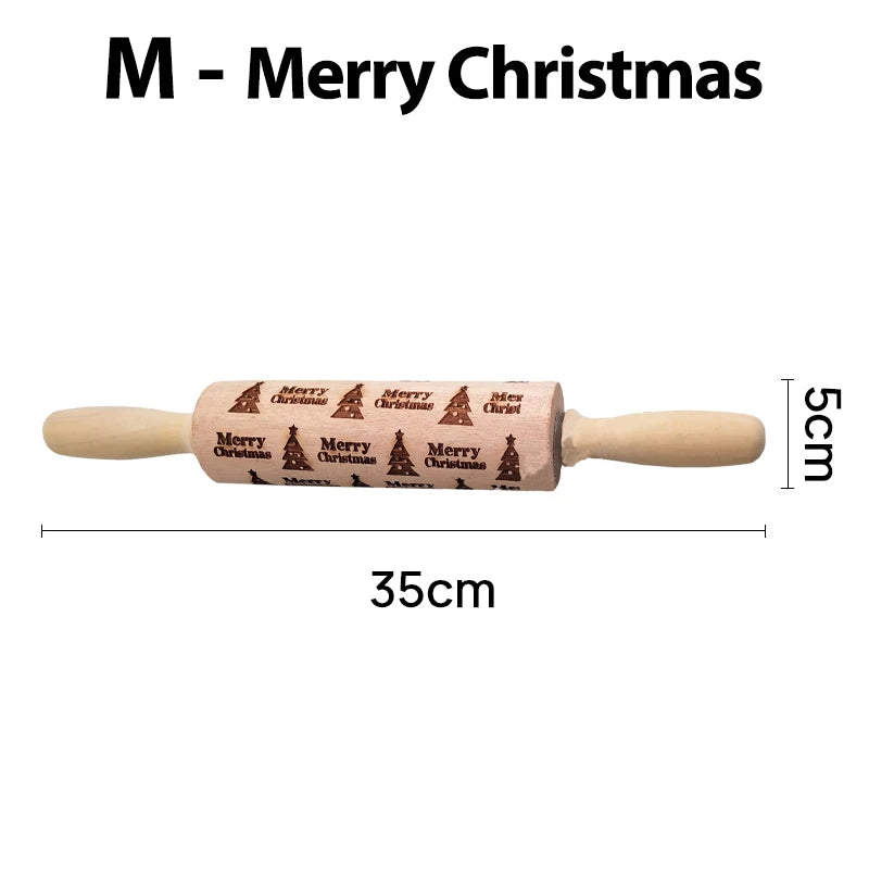 Wooden rolling pin embossed with "Merry Christmas" and tree patterns. It measures 35cm in length and 5cm in diameter.