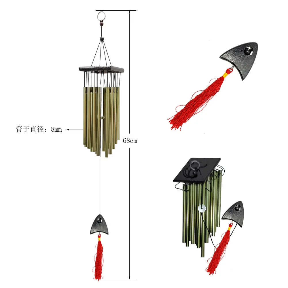 A wind chime with brass tubes, measuring 68cm long and 8mm in diameter, featuring a red tassel and fish-shaped detail. Displayed from multiple angles.