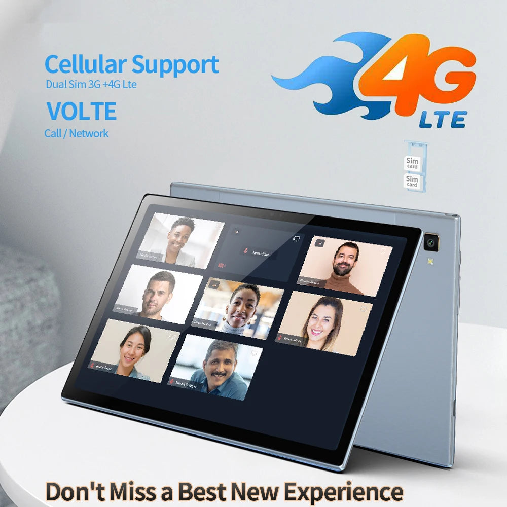 Tablet with 4G LTE, dual SIM support, shows video call with eight people. Text highlights cellular features like 3G/4G LTE and VOLTE. Caption reads "Don't Miss a Best New Experience".