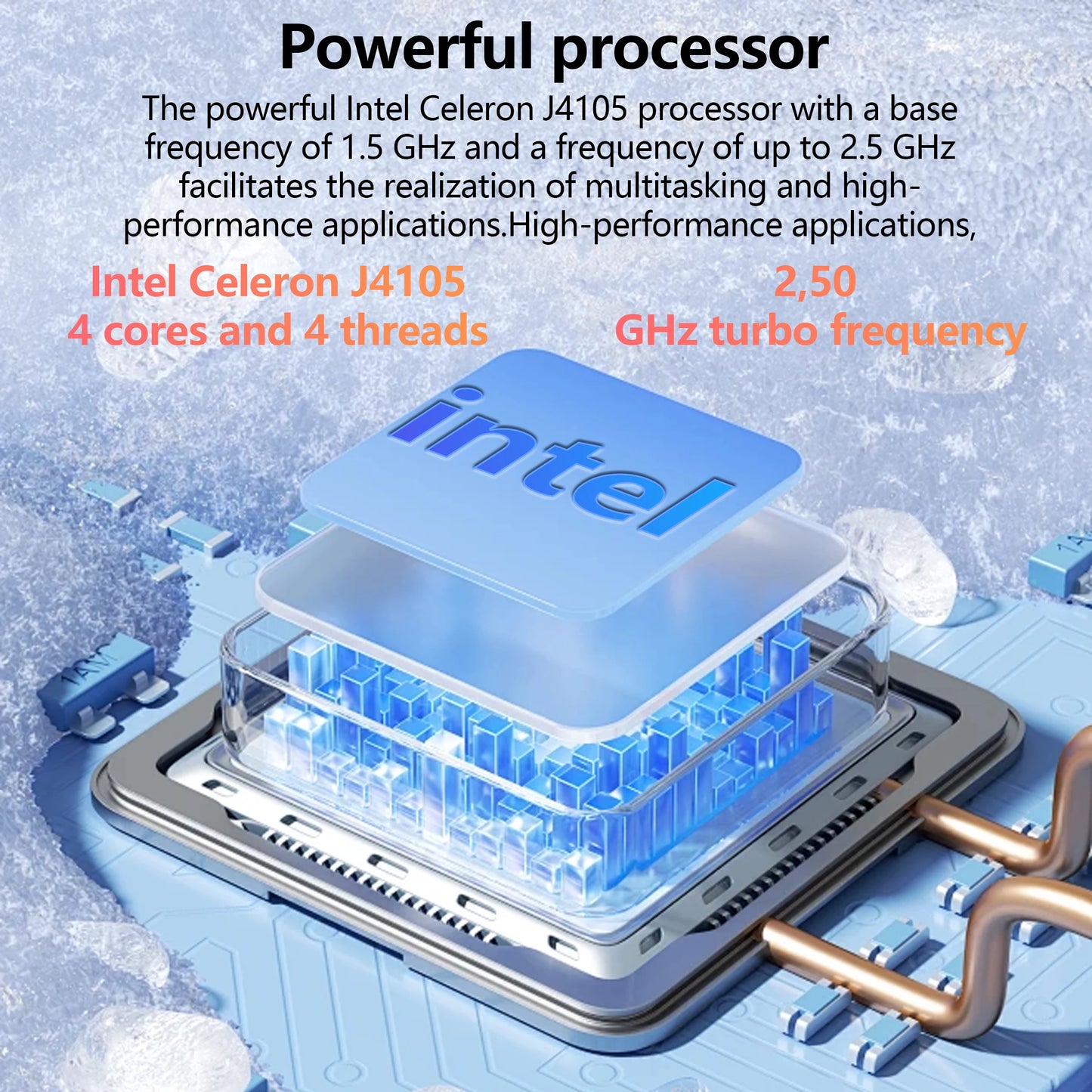 Illustration of an Intel Celeron J4105 processor with 4 cores and 4 threads, showcasing a 1.5 GHz base and 2.5 GHz turbo frequency for multitasking on a cool blue background.