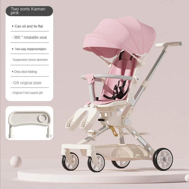 Pink stroller with a canopy, featuring a 360° rotatable seat, adjustable to sit or lie flat. Includes one-click folding, suspension shock absorber, and accessories shown on the side.