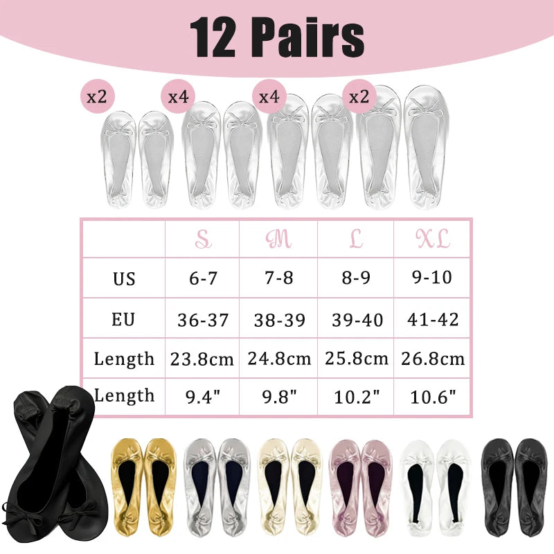 "Image showing 12 pairs of ballet flats in various colors and sizes. Sizes range from US 6-10, EU 36-42, with lengths from 9.4 to 10.6 inches. Displayed in a size chart format."