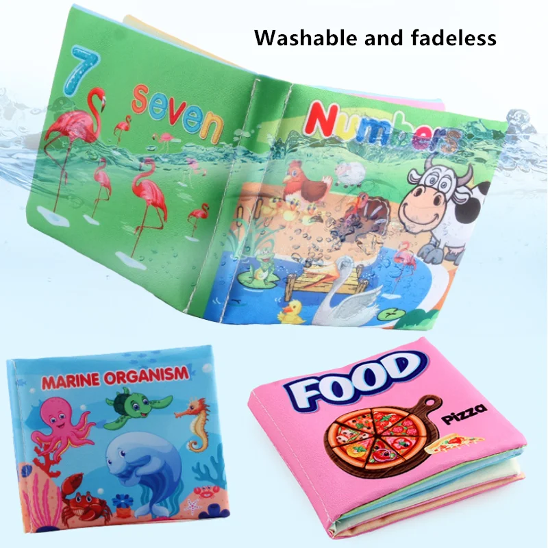 Three colorful children's cloth books, titled "Seven," "Marine Organism," and "Food." The text "Washable and fadeless" highlights their durability for bath time play.